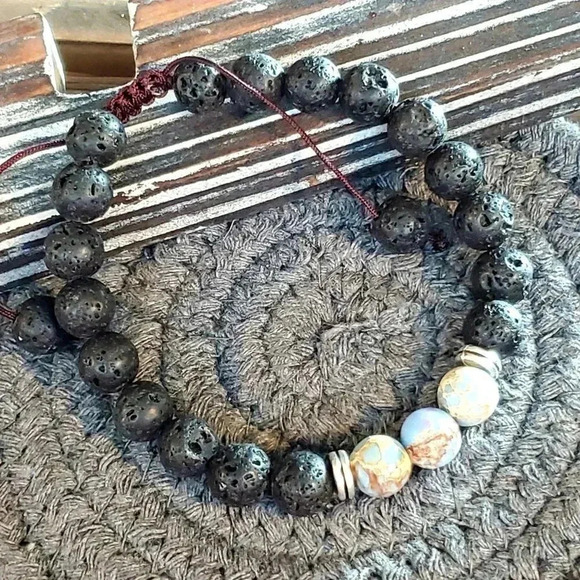 Handcrafted Chakra Bracelet Natural Blue and Tan Aqua Terra Jasper Black Lava - Picture 4 of 7